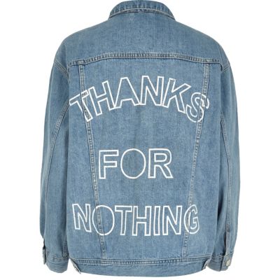 Plus light blue slogan print denim jacket
